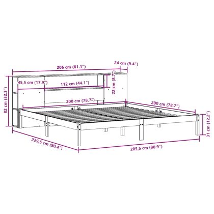 Легло с етажерка за книги, без матрак, 200x200 см, бор масив