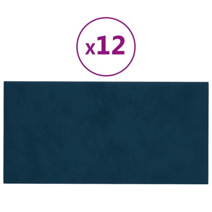 Стенни панели, 12 бр, сини, 30x15 см, кадифе, 0,54 м²