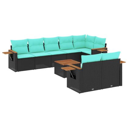 Градински комплект диван с възглавници 9 части черен полиратан