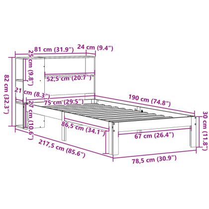Легло с рафтове за книги, без матрак, бял, 90x190 см, бор масив