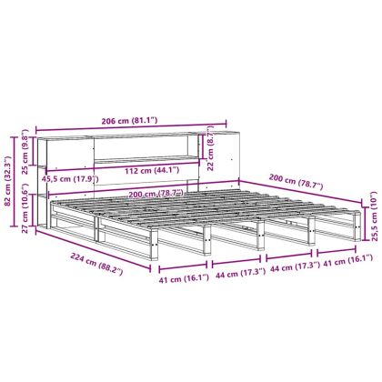 Легло с етажерка за книги, без матрак, 200x200 см, дърво масив