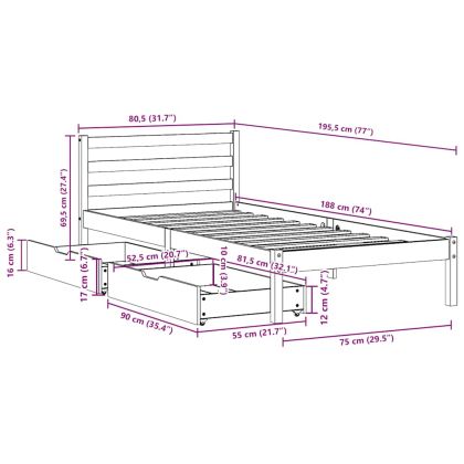 Рамка за легло без матрак, бял, 75x190 см, борово дърво масив