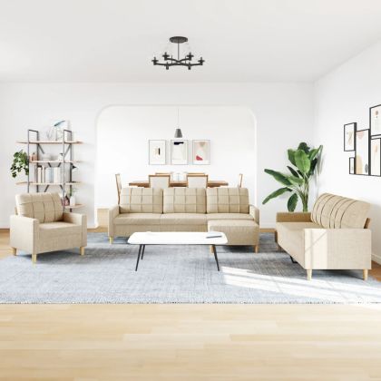 Комплект мека мебел от 4 части с табуретка, кремав, текстил