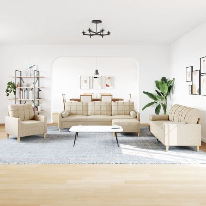 Дивани от 4 части с табуретка и възглавници кремав плат