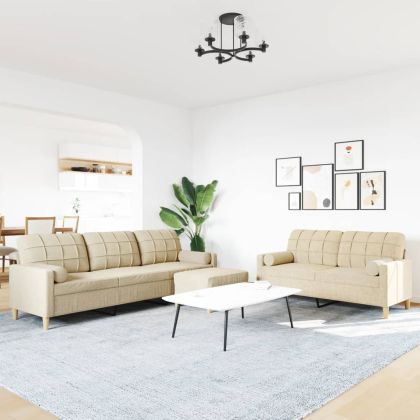 Дивани от 3 части с табуретка и възглавници кремав плат