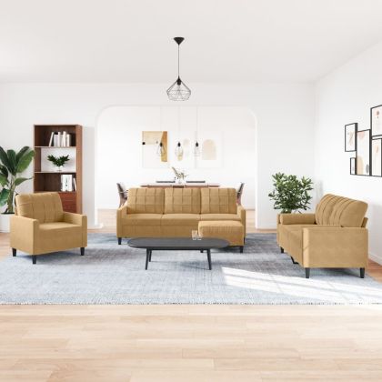 Комплект дивани от 4 части с възглавници, кафяв, кадифе