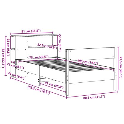 Легло с рафтове за книги, без матрак, 75x190 см, бор масив