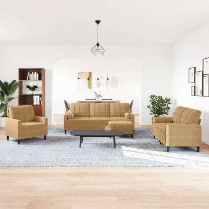 Мека мебел от 4 части с възглавници и болстери кафяв кадифе