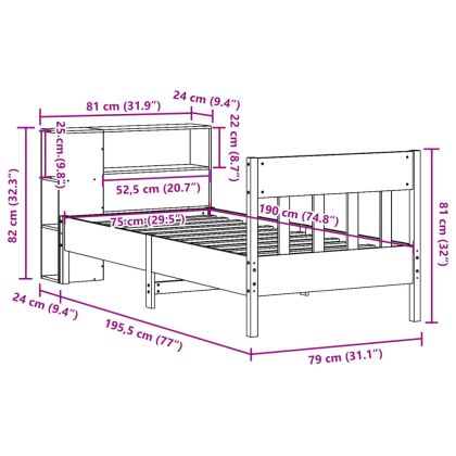 Легло с рафтове за книги, без матрак, 75x190 см, бор масив