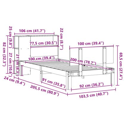 Легло с етажерка за книги, без матрак, 100x200 см, бор масив