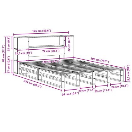 Легло с етажерка за книги, без матрак, 120x200 см, дърво масив