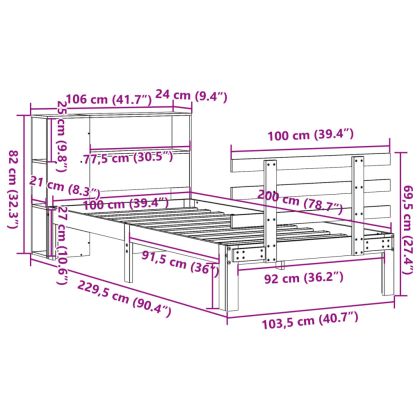 Легло с рафтове за книги, без матрак, 100x200 см, бор масив