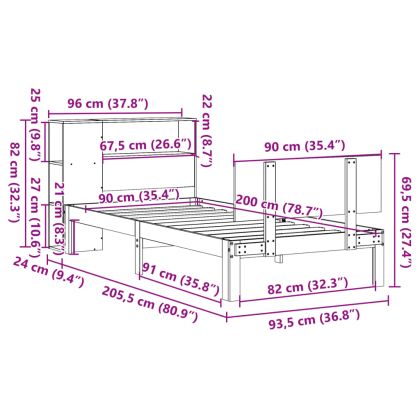 Легло с рафтове за книги, без матрак, 90x200 см, бор масив