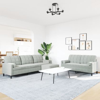 Мека мебел от 3 части с възглавници и болстери светлосив кадифе