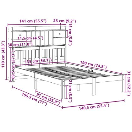 Легло с етажерка за книги, без матрак, 135x190 см, бор масив
