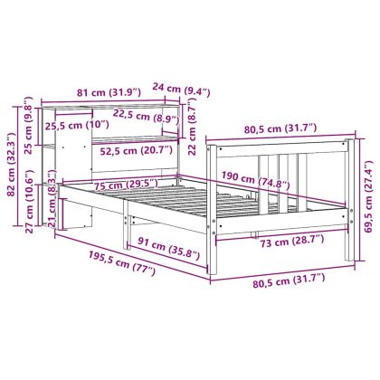 Легло с рафтове за книги, без матрак, 75x190 см, бор масив