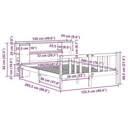 Легло с етажерка за книги, без матрак, 120x200 см, бор масив