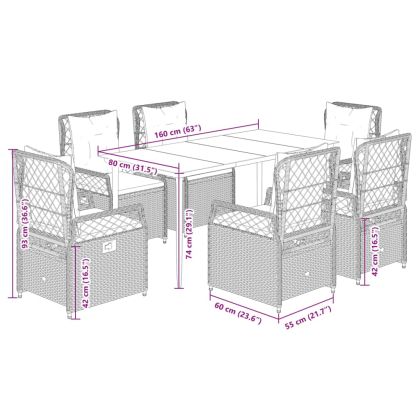 Градински трапезен комплект 7 части с възглавници сив полиратан