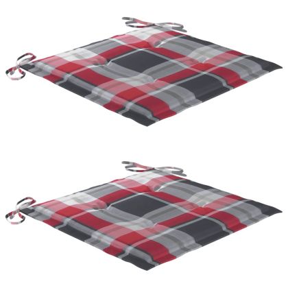 Градински столове с възглавници червено каре 2 бр тик масив