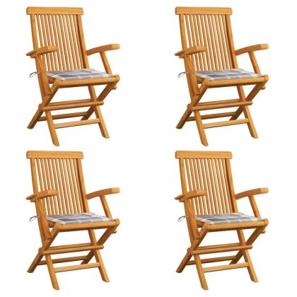 Градински столове, възглавници със сиво каре, 4 бр, тик масив