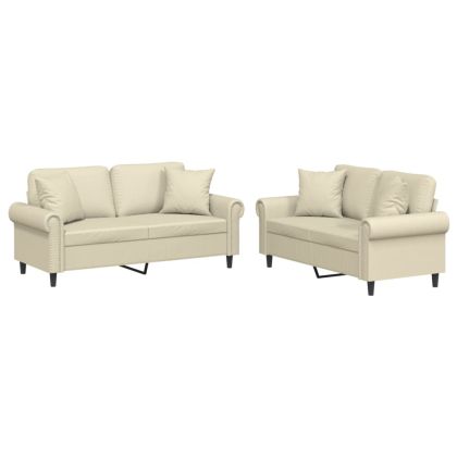 Комплект дивани от 2 части с възглавници кремав изкуствена кожа