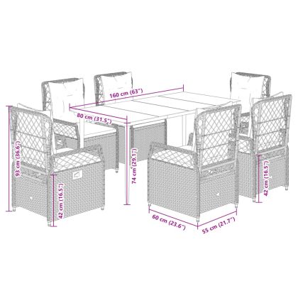 Градински комплект с възглавници, 7 части, бежов полиратан