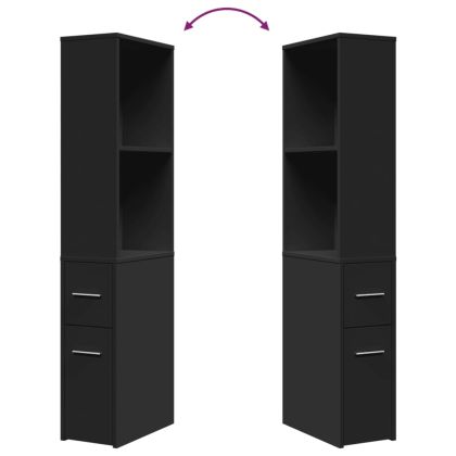 Тесен скрин за баня с колелца, черен, инженерно дърво