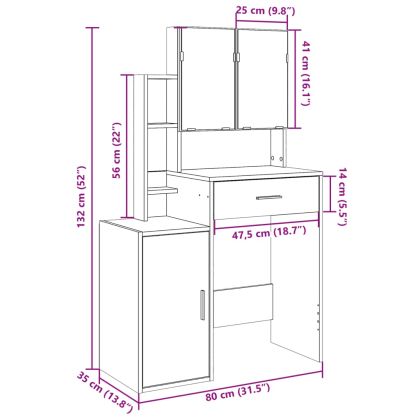 Тоалетка с шкаф, кафяв дъб, 80x35x132 см