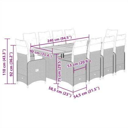 Градински бистро комплект с възглавници 11части черен полиратан