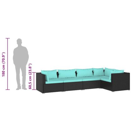 Градински лаундж комплект с възглавници 5 части полиратан черен