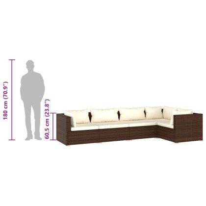 Градински лаундж комплект с възглавници 5 части кафяв полиратан