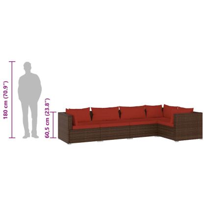 Градински лаундж комплект с възглавници 5 части кафяв полиратан