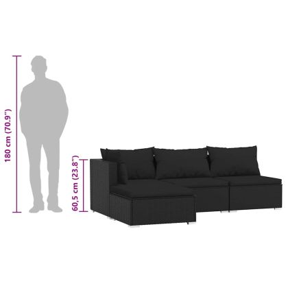 Градински лаундж комплект с възглавници 4 части черен полиратан