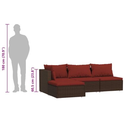 Градински комплект с възглавници, 4 части, кафяв, полиратан