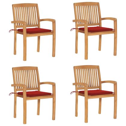Стифиращи градински столове с възглавници 4 бр тик масив