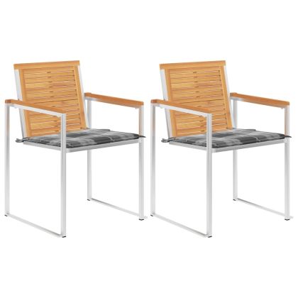 Градински столове с възглавници, 2 бр, тик масив и стомана