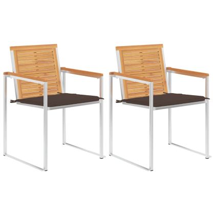 Градински столове с възглавници, 2 бр, тик масив и стомана