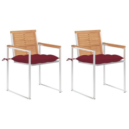 Градински столове с възглавници, 2 бр, тик масив и стомана