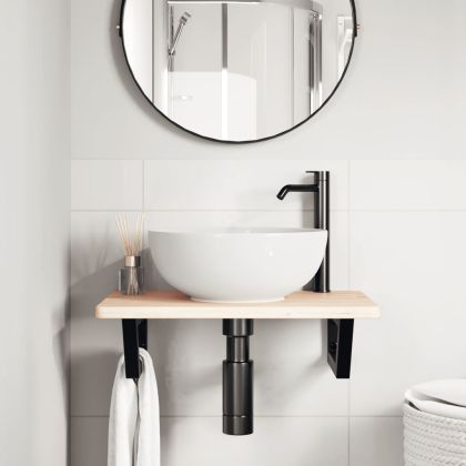 Стенен рафт за мивка, стомана и масивно дърво дъб