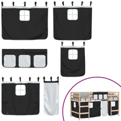 Детско високо легло със завеси бяло и черно 80x200 см бор масив