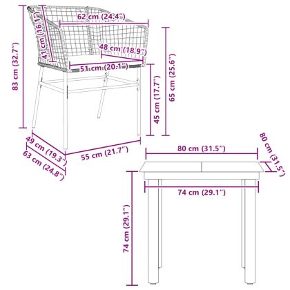 Градински комплект 3 части с възглавници черен полиратан стъкло