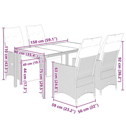 Градински бистро комплект с възглавници 5 части черен полиратан