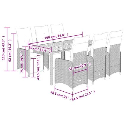 Градински бистро комплект с възглавници 7 части сив полиратан