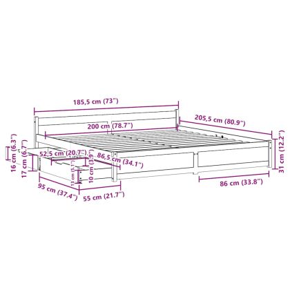 Рамка за легло без матрак, 180x200 см, масивна чамова дървесина