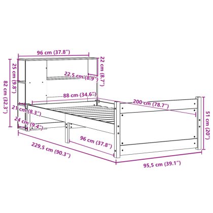 Легло с рафтове за книги, без матрак, 90x200 см, бор масив