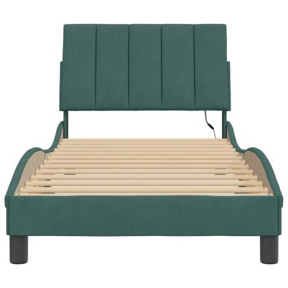 Рамка за легло с LED осветление без матрак Hanko, тъмнозелена, 90x200 см, кадифе