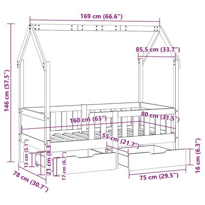 Детско легло рамка с чекмеджета без матрак 80x170 см бор масив