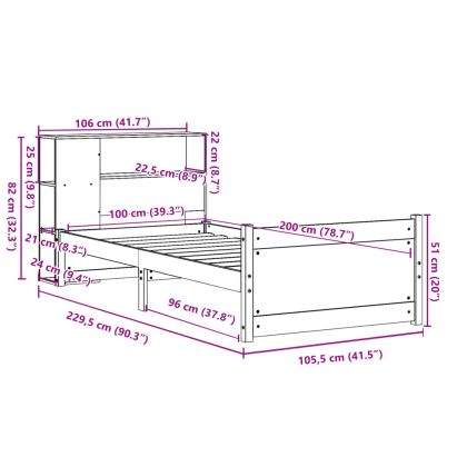 Легло с рафтове за книги, без матрак, 100x200 см, бор масив