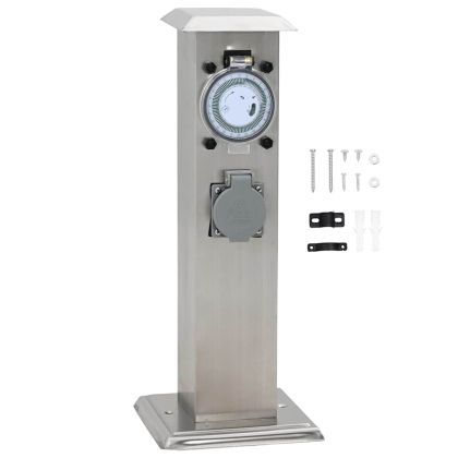 Градински стълб за ел. контакти, неръждаема стомана с часовник