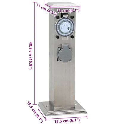 Градински стълб за ел. контакти, неръждаема стомана с часовник
